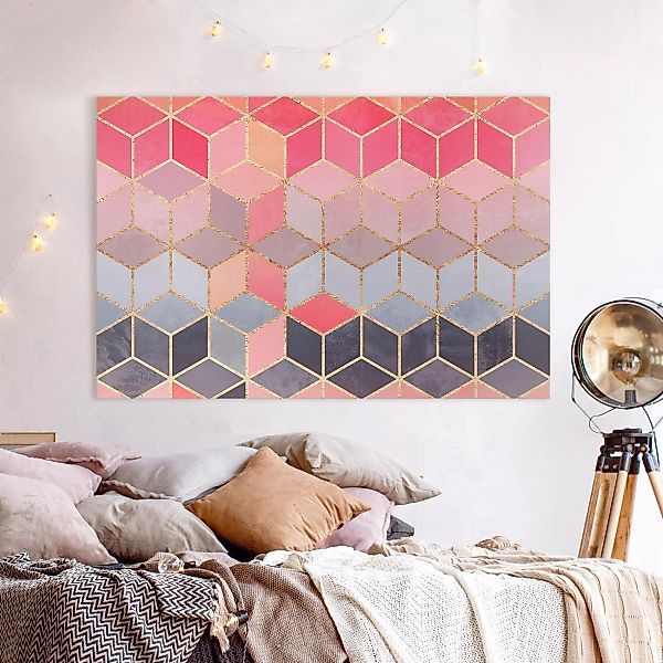 Leinwandbild Abstrakt - Querformat Buntes Pastell goldene Geometrie günstig online kaufen