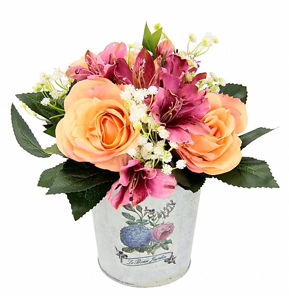 Kunstpflanze Gesteck Rosen in Zinktopf Rosen/Alstromeria, günstig online kaufen