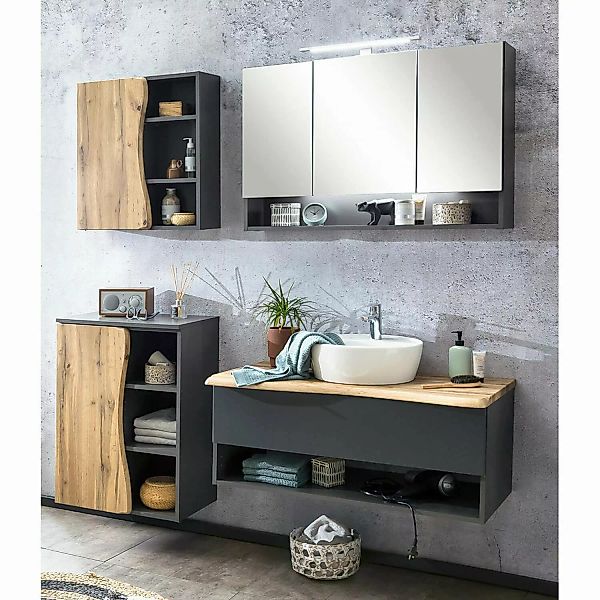 Badezimmer Set mit LED Spiegelschrank KAHLA-03 in anthrazit und Wotan Eiche günstig online kaufen