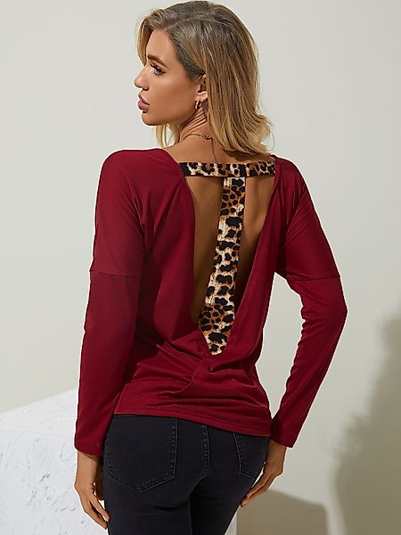 YOINS Leopard Patchwork Rundhals-Langarm-T-Shirt mit langen Ärmeln günstig online kaufen
