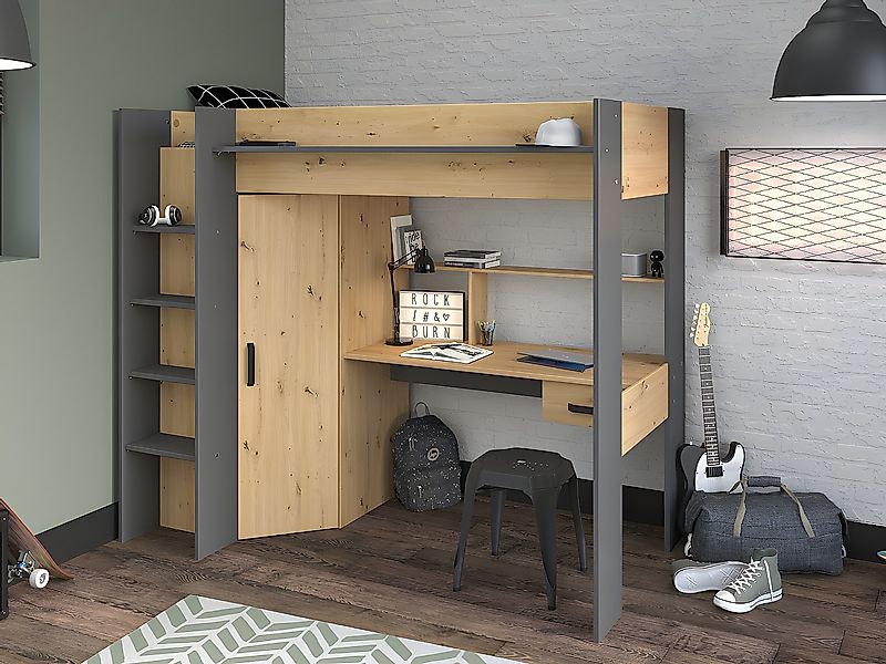 Hochbett mit Schreibtisch + Kleiderschrank - 90 x 200 cm - Naturfarben & An günstig online kaufen