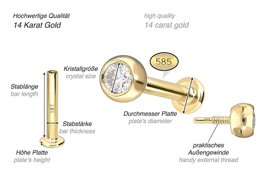 PIERCINGLINE Piercing-Set 14 Karat Gold Labret mit Innengewinde MOISSANIT ( günstig online kaufen