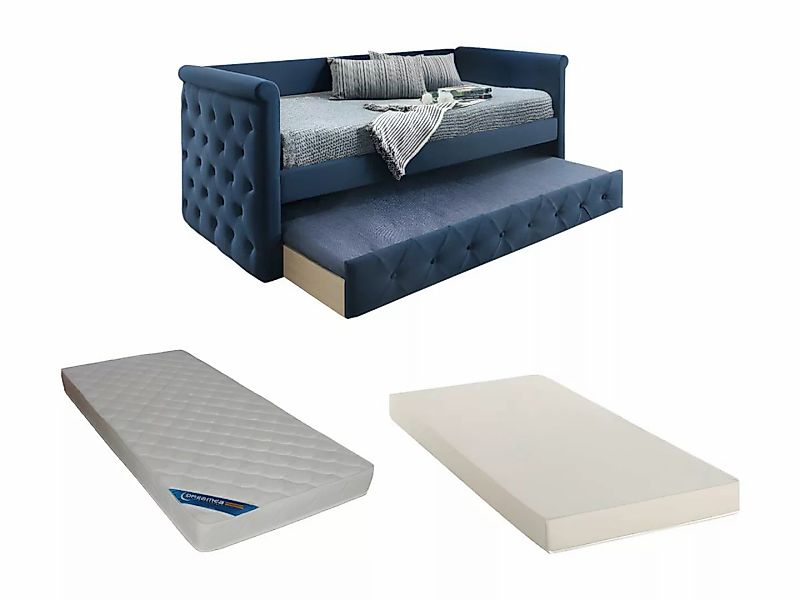 Ausziehbett + Matratze - 2 x 90 x 190 cm - Stoff - Blau - LOUISE günstig online kaufen