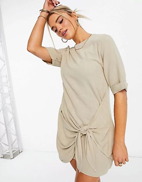 ASOS DESIGN – Mini-T-Shirt-Kleid mit Zierknoten vorne in Steingrau-Neutral günstig online kaufen