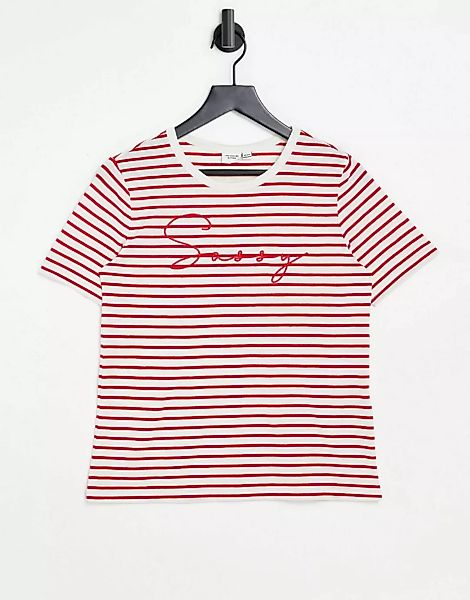 JDY – Gestreiftes T-Shirt mit aufgesticktem Schriftzug in Rot und Weiß-Mehr günstig online kaufen