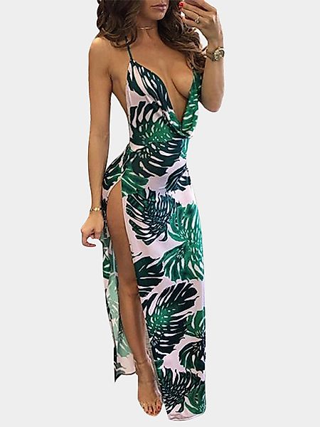Sexy Random Leaf Print Tiefer V-Ausschnitt & Schlitz Maxi Kleid günstig online kaufen