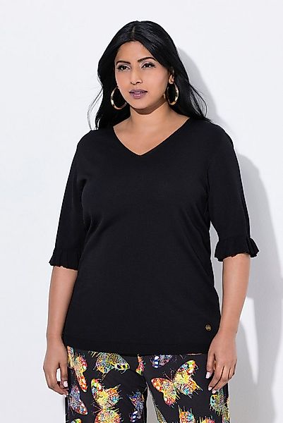 Ulla Popken Strickpullover Pullover V-Ausschnitt Rüschen-Halbarm günstig online kaufen