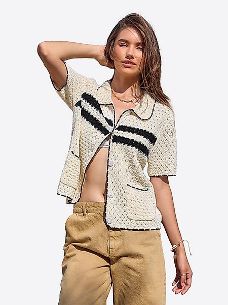 Imily Bela Cardigan Damen Kurzarm mit Lochmuster Polokragen und Kontraststr günstig online kaufen