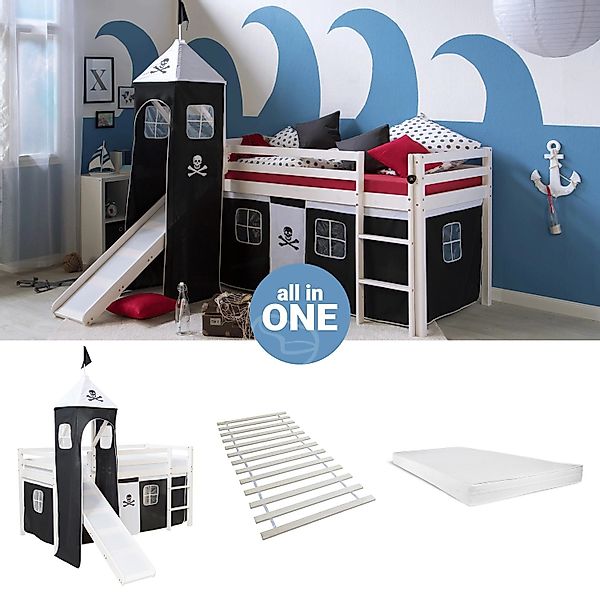 Homestyle4u Hochbett 90x200 mit Vorhang Lattenrost Matratze Rutsche Turm in günstig online kaufen