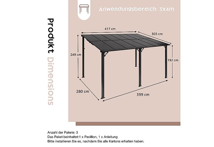 JOIVI Pergola Pergola 3x4m Terrassenüberdachung, Carport mit Sonnendach, (P günstig online kaufen