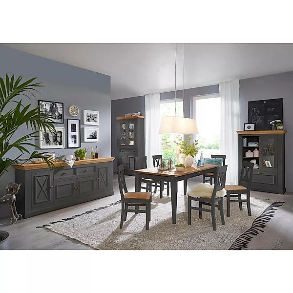 Landhaus Esszimmerset mit 4 Stühlen in Kiefer grau mit Eiche mit LED, WARNA günstig online kaufen