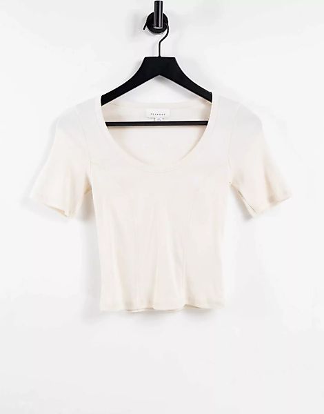Topshop – Kurzärmeliges T-Shirt in Ecru mit U-Ausschnitt und Ziersaum-Neutr günstig online kaufen
