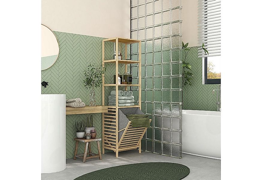 HOMCOM Badregal mit Wäschekorb, schlanker Bambus-Badezimmerschrank, Badezim günstig online kaufen