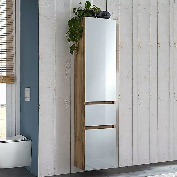 Badezimmer Hochschrank in Weiß und Wildeiche Optik 185 cm hoch günstig online kaufen