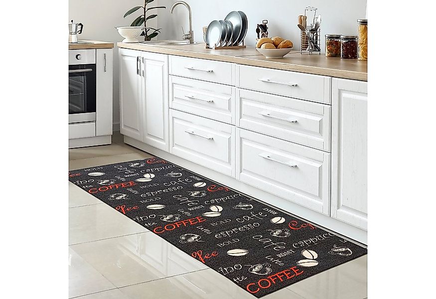 Carpetia Teppich Küchenläufer schwarz mit Gelrücken und Schriftzug in weiß günstig online kaufen