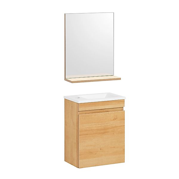 SoBuy Waschbeckenunterschrank mit Wandspiegel Badmöbel Set Natur BZR169-SET günstig online kaufen