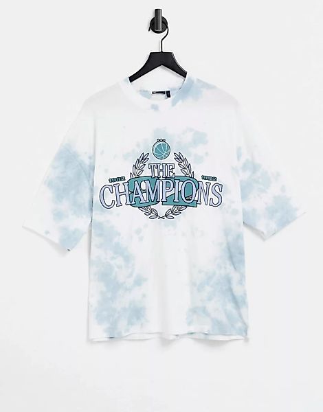ASOS DESIGN – Oversized T-Shirt in verwaschenem Blau mit College-Print günstig online kaufen
