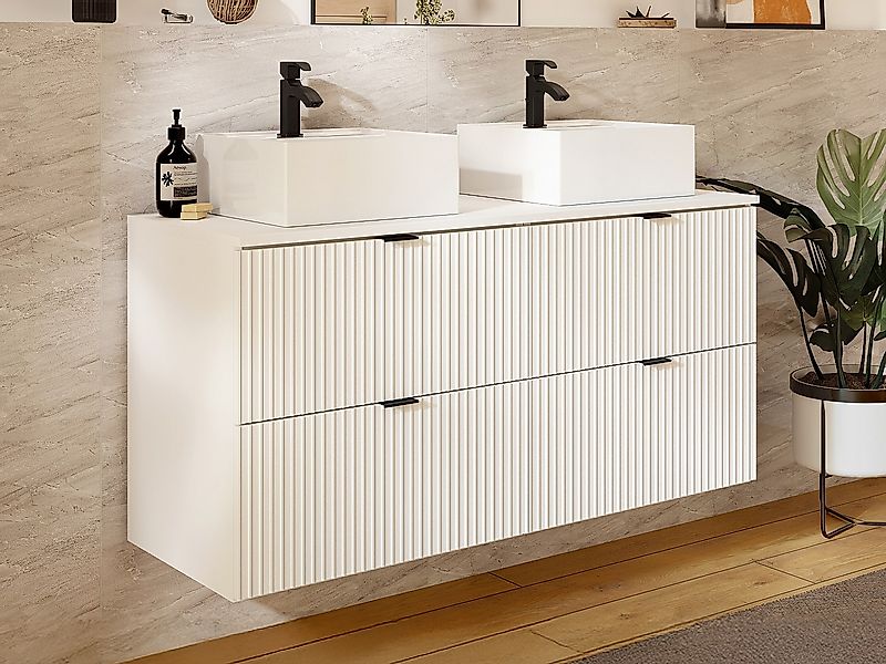 Waschbeckenunterschrank hängend  - Streifenoptik - Weiß matt - Aufsatzwasch günstig online kaufen