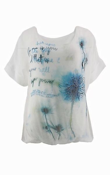 Passioni Chiffonbluse Chiffontunika in Weiß mit hellblauem Text und Blumenm günstig online kaufen