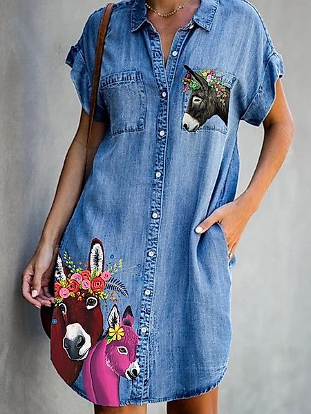 Cartoon bedruckte Taschen Kurzarm Casual Denim Kleid günstig online kaufen