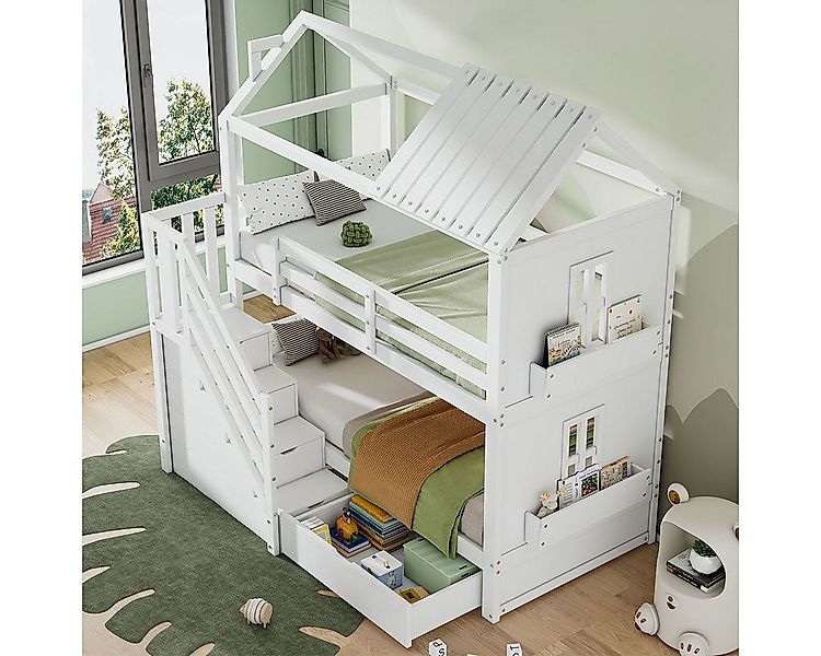 XDeer Kinderbett Etagenbett mit Stauraumtreppe Schubladen und Regalen Kinde günstig online kaufen