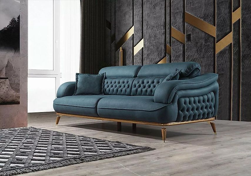 JVmoebel Sofa Wohnzimmer Sofa 3 Sitzer Couch Möbel Holz Blau Polster Möbel günstig online kaufen
