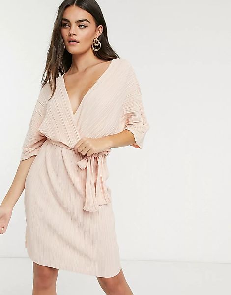 Y.A.S – Plissiertes Wickel-Minikleid in Blassrosa mit Kimonoärmeln günstig online kaufen