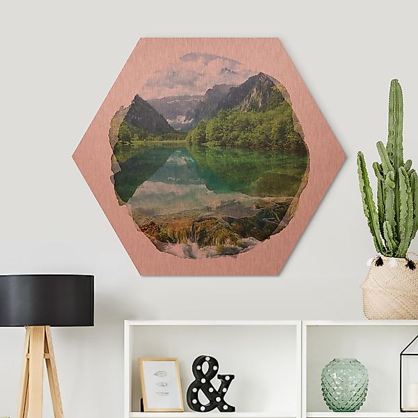 Hexagon-Alu-Dibond Bild Wasserfarben - Bergsee mit Spiegelung günstig online kaufen