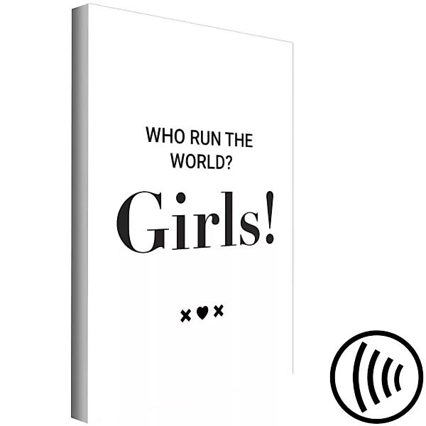 Bild auf Leinwand Wer regiert die Welt? Mädchen! - schwarz-weiße Text-Grafi günstig online kaufen