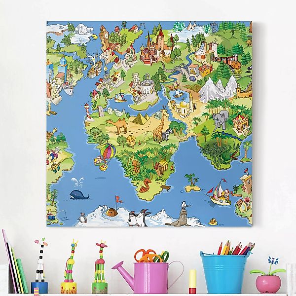 Leinwandbild Weltkarte - Quadrat Great And Funny Worldmap günstig online kaufen