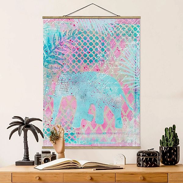 Stoffbild Tiere mit Posterleisten - Hochformat Bunte Collage - Elefant in B günstig online kaufen