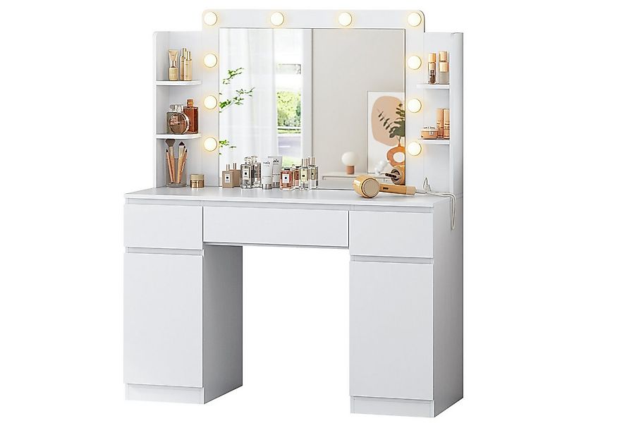 MSMASK Schminktisch mit LED-Beleuchtung, 3 Schubladen, Steckdosen & dimmbar günstig online kaufen