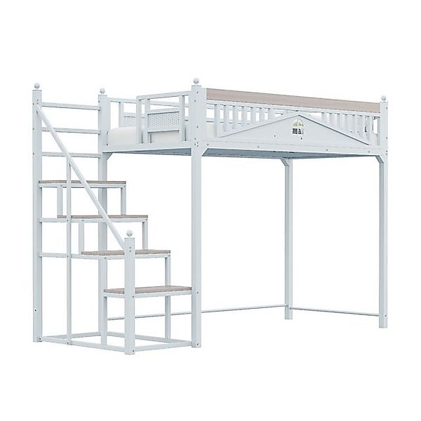 Flieks Hochbett Metallbett Kinderbett 90x200cm mit Treppe und Sicherheitsza günstig online kaufen