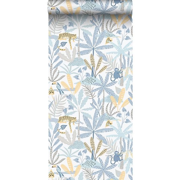Sanders & Sanders Tapete Dschungeltiere Blau Grau und Gelb 53 cm x 10.05 m günstig online kaufen