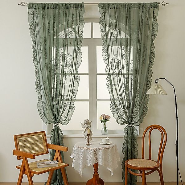 Refttenw Gardine Olivgrüne Spitzenvorhänge, Vintage Blumenstickerei günstig online kaufen