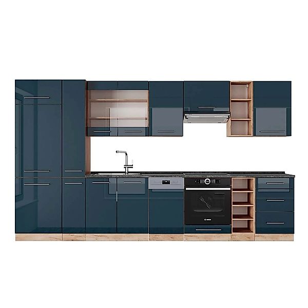 Vicco Fame-Line Küchenzeile Dunkelblau Hochglanz/Goldkraft Eiche 355 cm AP günstig online kaufen