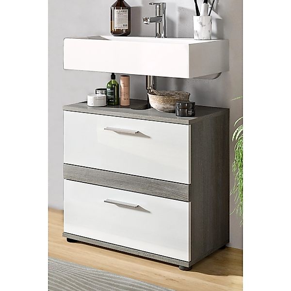 Inn.Furn Waschbeckenunterschrank Weiß Hochglanz Grau 60 cm Bailey günstig online kaufen