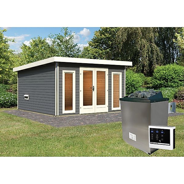 Karibu Saunahaus Magnus 3 Set B Terragrau mit Ofen 9 kW ext. Strg. günstig online kaufen