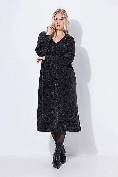 Ulla Popken Jerseykleid Midi-Glitzerkleid A-Linie V-Ausschnitt Langarm günstig online kaufen