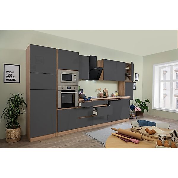 Respekta Premium Küchenzeile Grifflos 395 cm Grau Hochglanz-Eiche Sägerau günstig online kaufen