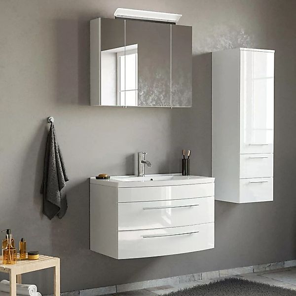 Lomadox Badezimmer Waschplatz Set in weiß Hochglanz mit LED-Spiegelschrank günstig online kaufen