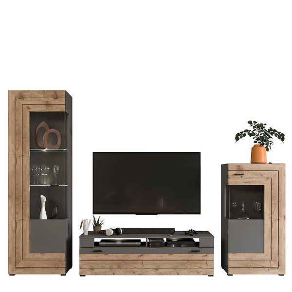 Wohnzimmeranbauwand modern in Wildeichefarben Grau (dreiteilig) günstig online kaufen
