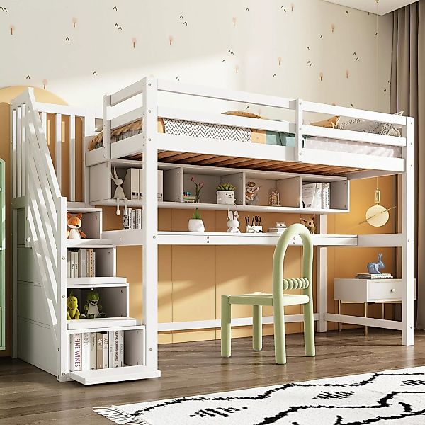 Flieks Hochbett Kinderbett mit Regale, Schreibtisch günstig online kaufen
