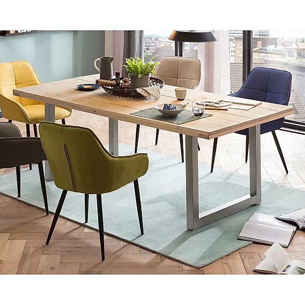 Gerüstholz Tisch mit Metall Bügelgestell Antiksilber modernem Design günstig online kaufen