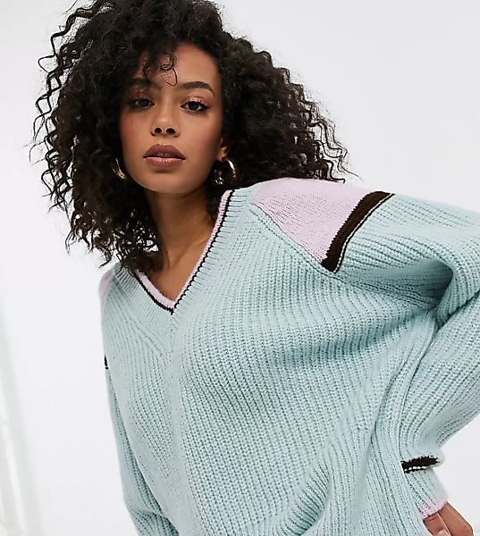 ASOS DESIGN Tall – Pullover mit V-Ausschnitt, Farbblockdesign und Zierstrei günstig online kaufen