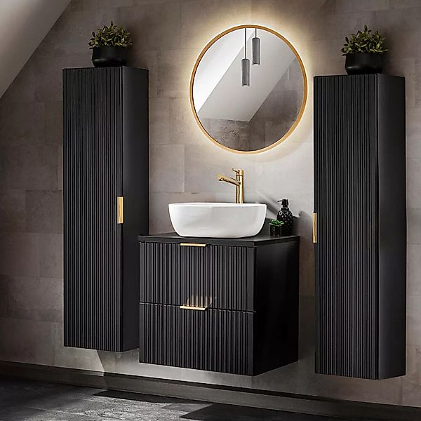 Badezimmer Möbel Set, 60cm Waschtisch mit Keramik Aufsatzbecken, 2 Hochschr günstig online kaufen