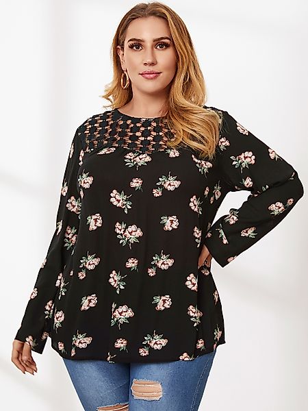 YOINS Plus Größe Rundhalsausschnitt Blumendruck Spitze Langarm T-Shirt günstig online kaufen