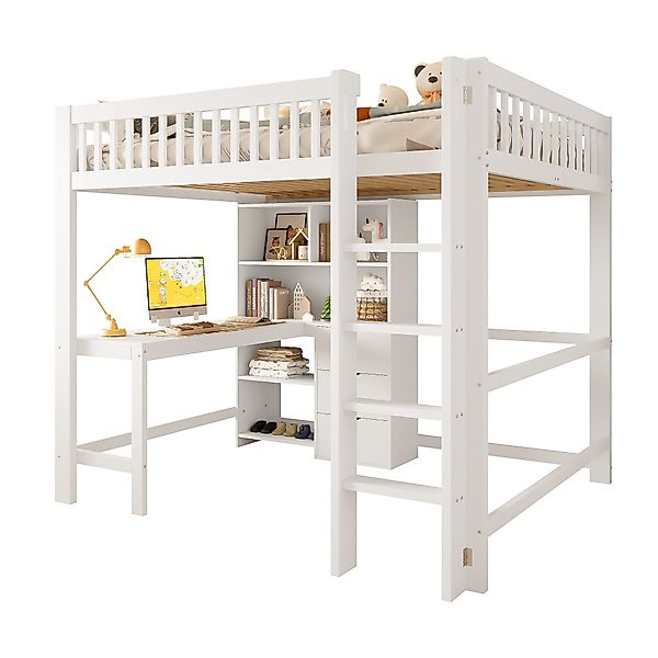 SOFTWEARY Hochbett mit Schreibtisch und Regal günstig online kaufen
