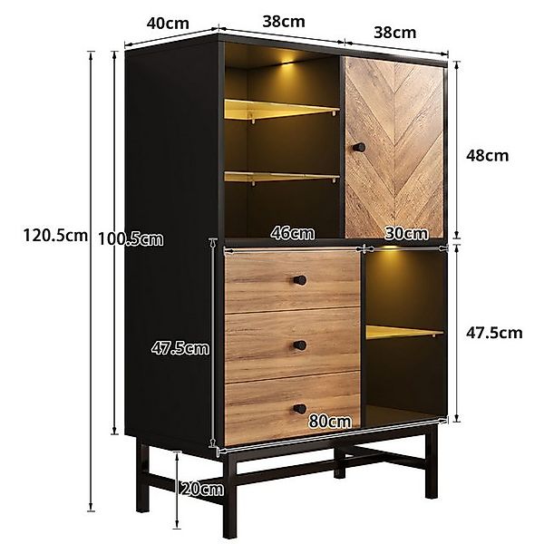 Ulife Vitrine Highboard, Aufbewahrungsschrank mit dreieckige Holzmaserung 1 günstig online kaufen