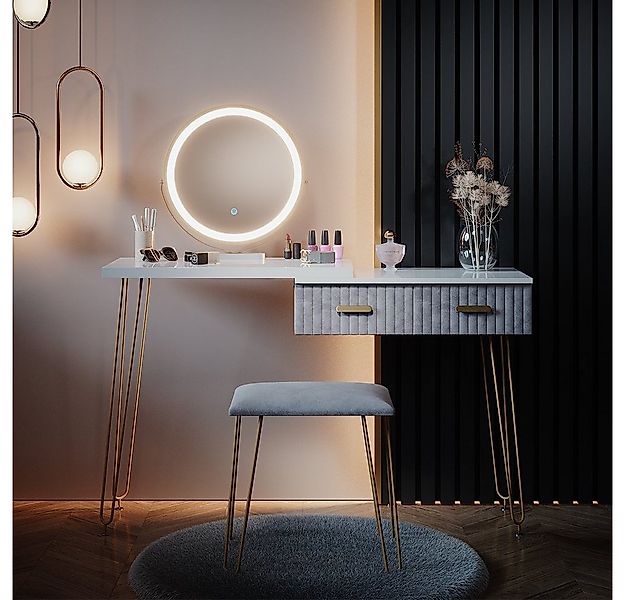 Vicco Schminktisch Zoey, Weiß/Grau, 120 cm mit LED Beleuchtung und Hocker günstig online kaufen